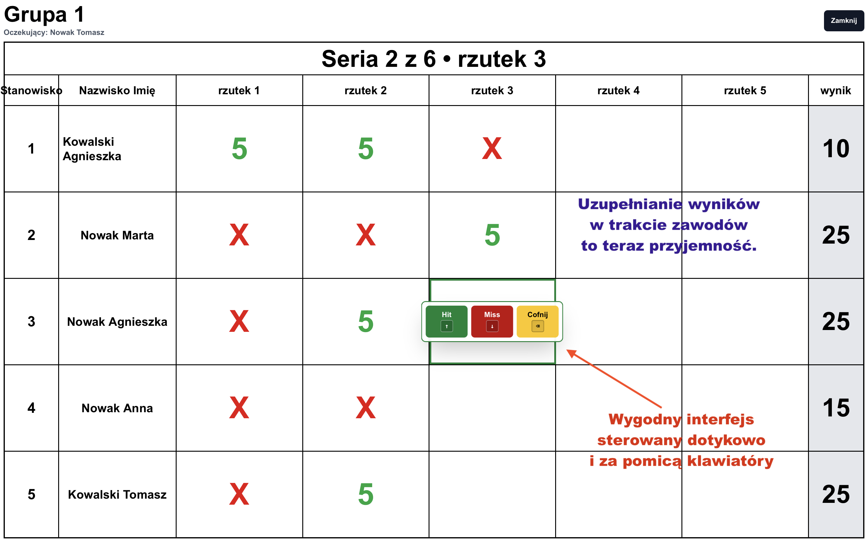 Pełnoekranowy interfejs sędziowski konkurencji Trap