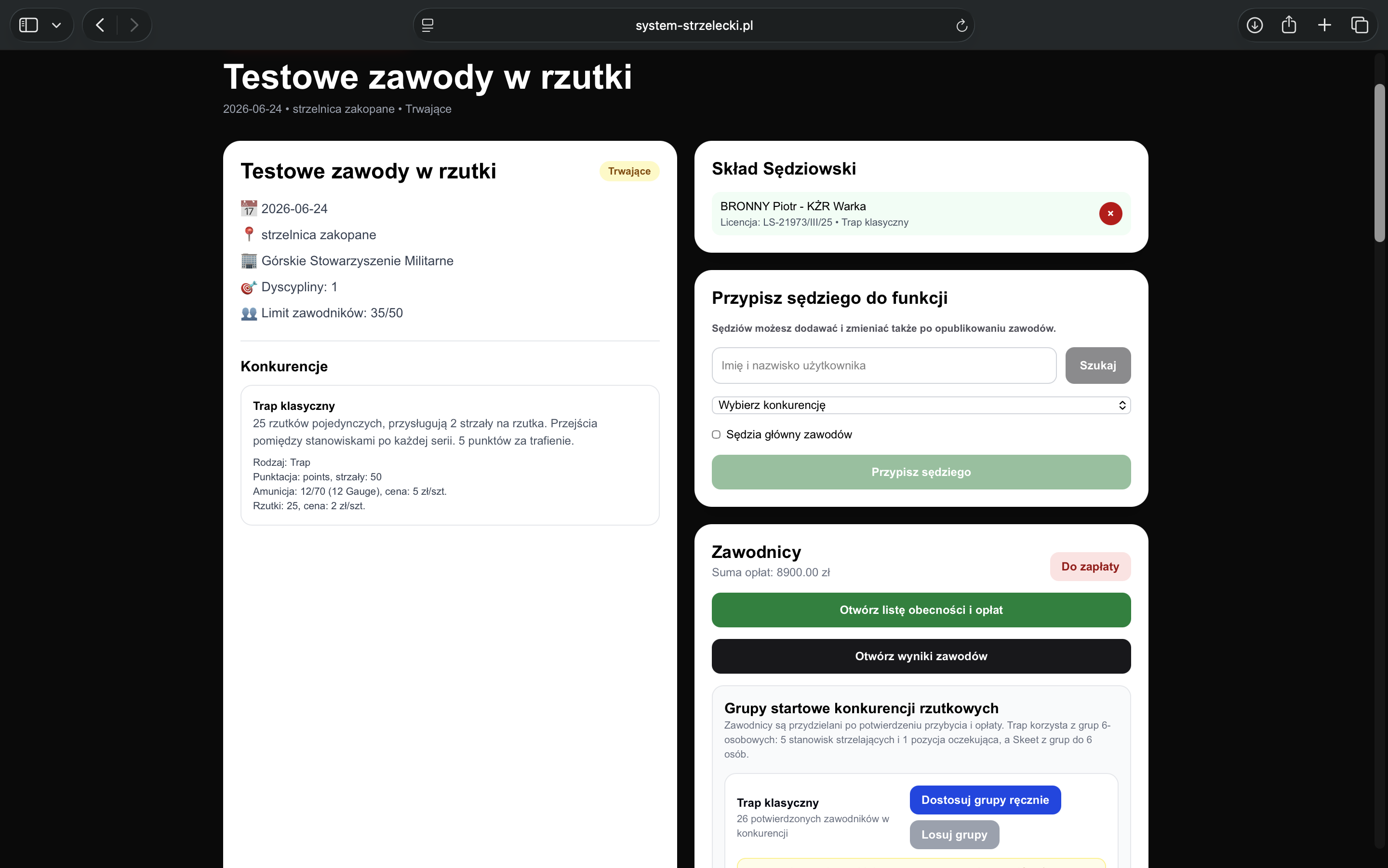 Panel organizatora zawodów z obsługą sędziów, opłat i grup