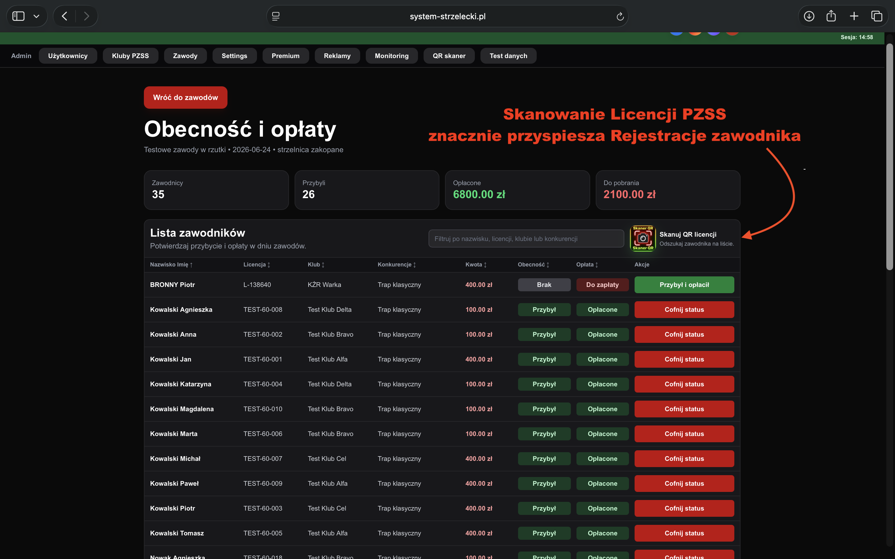 Lista obecności i opłat z szybkim skanowaniem licencji QR